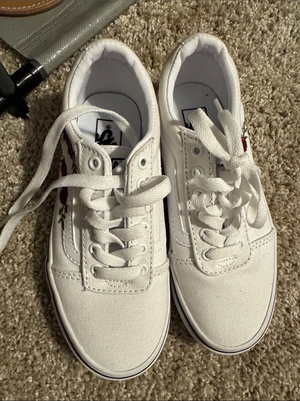 Vans White Kids Sneakers with Red Rose Accent